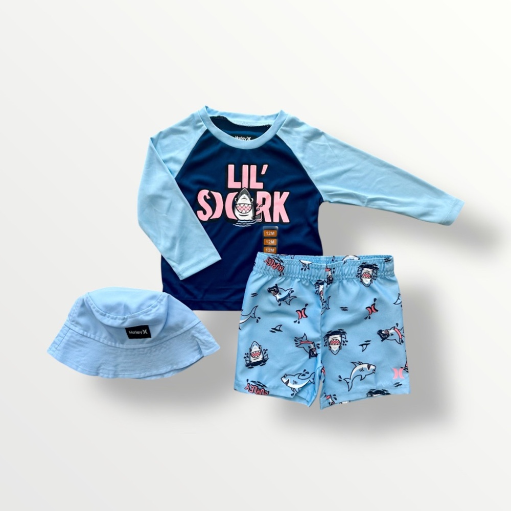 NWT Hurley Shark 3 Piece Rashguard Set in Psychic Blue, Size 12month UPF 50+